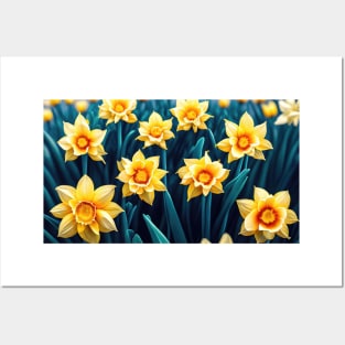 daffodil flowers in a field illustration Posters and Art